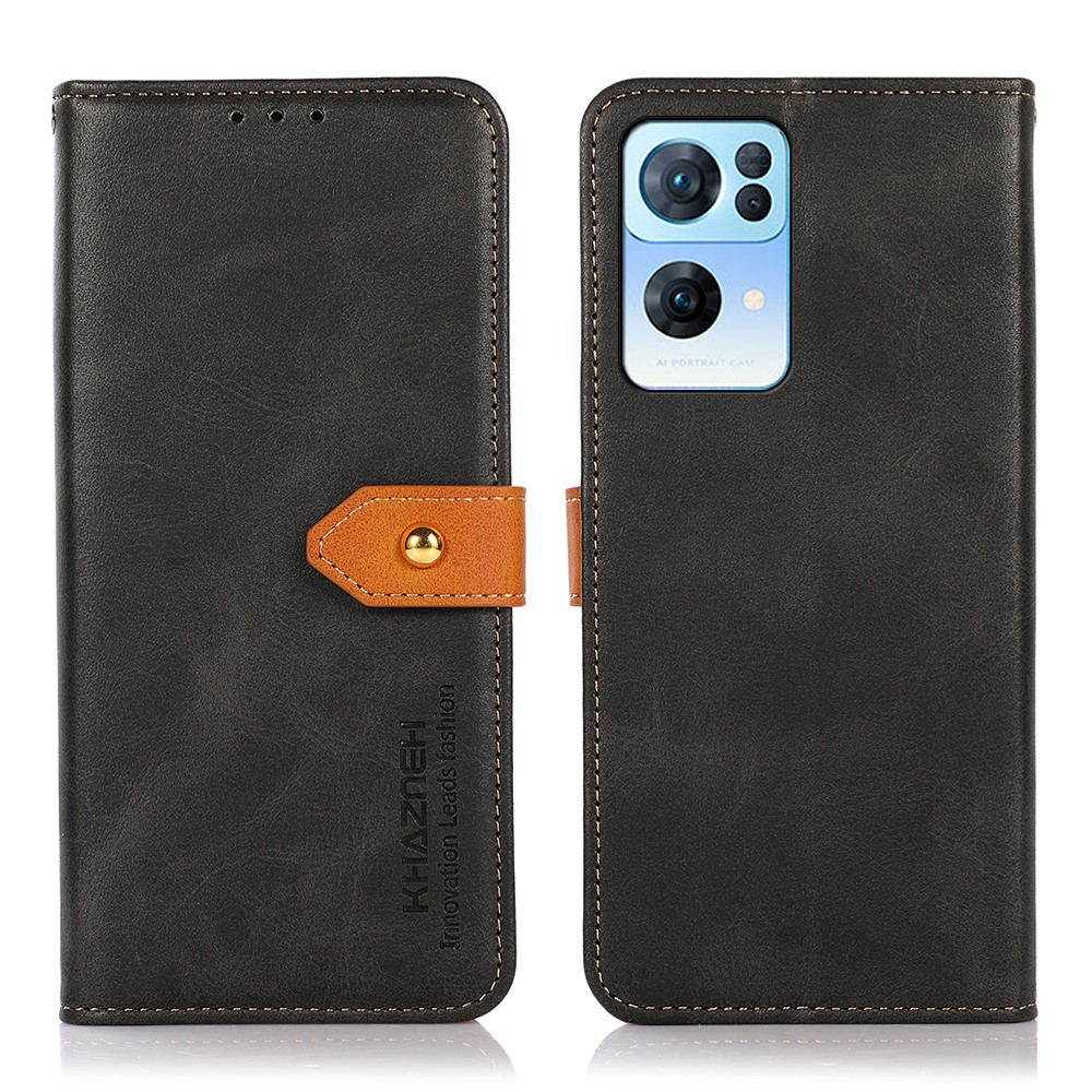 KHAZNEH Anti-drop Magnetic Golden Clasp Bi-color Stylish Stand PU Leather + TPU Case Cover with Wallet for Oppo Reno7 Pro 5G - Black-1