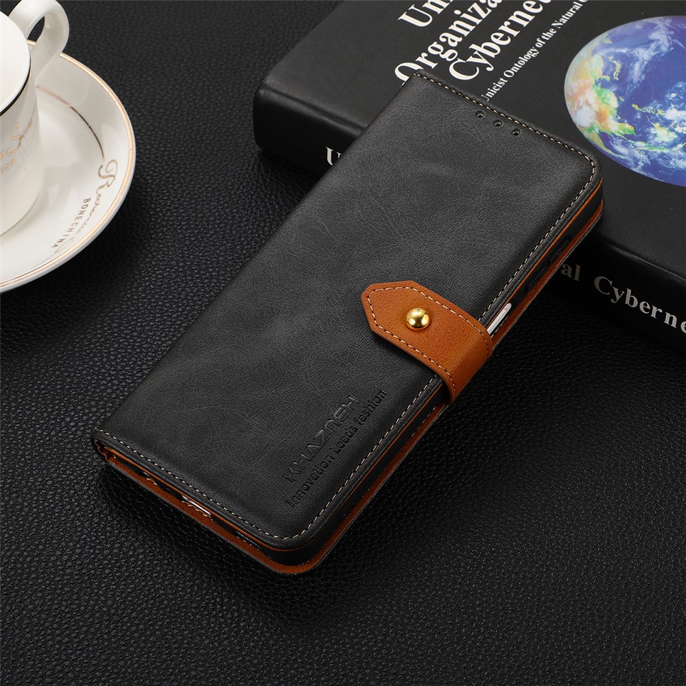 KHAZNEH Anti-drop Magnetic Golden Clasp Bi-color Stylish Stand PU Leather + TPU Case Cover with Wallet for Oppo Reno7 Pro 5G - Black-6