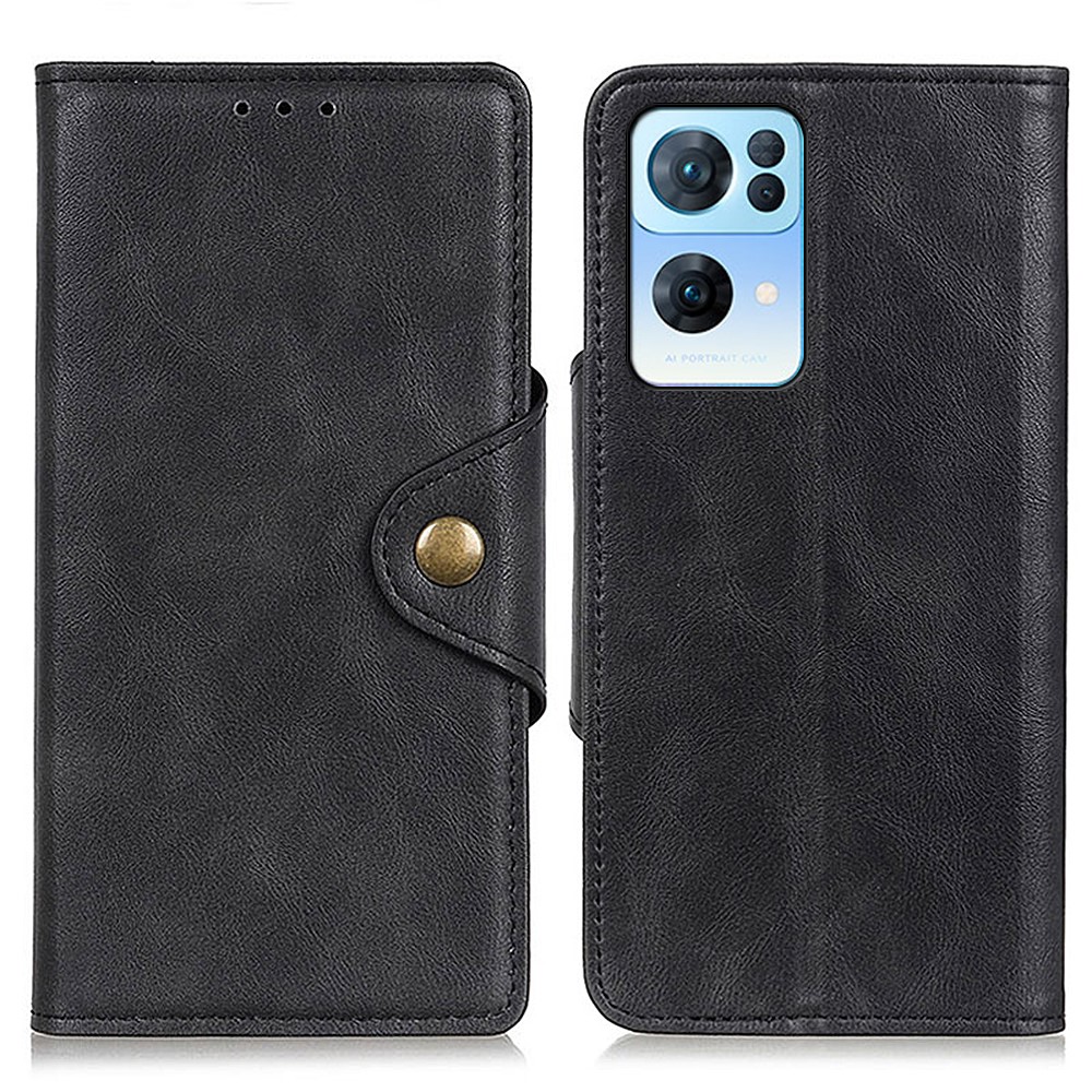 Brass Buckle Anti-fall Anti-scratch Magnetic Clasp PU Leather + TPU Stand Wallet Flip Phone Case for Oppo Reno7 Pro 5G - Black-1