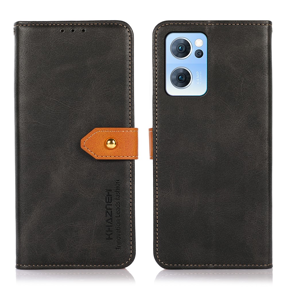 KHAZNEH Anti-fall Magnetic Golden Clasp Wallet Stand PU Leather + TPU Case Protective Cover for Oppo Reno7 5G - Black-1
