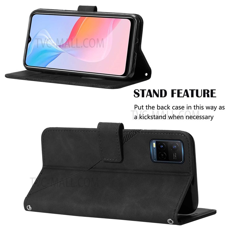 PB2-1 Series Business Imprinted PU Leather Phone Protector Scratch-proof Wallet Stand Phone Case with Shoulder Strap for vivo Y33s/Y21s/Y21 - Black-5
