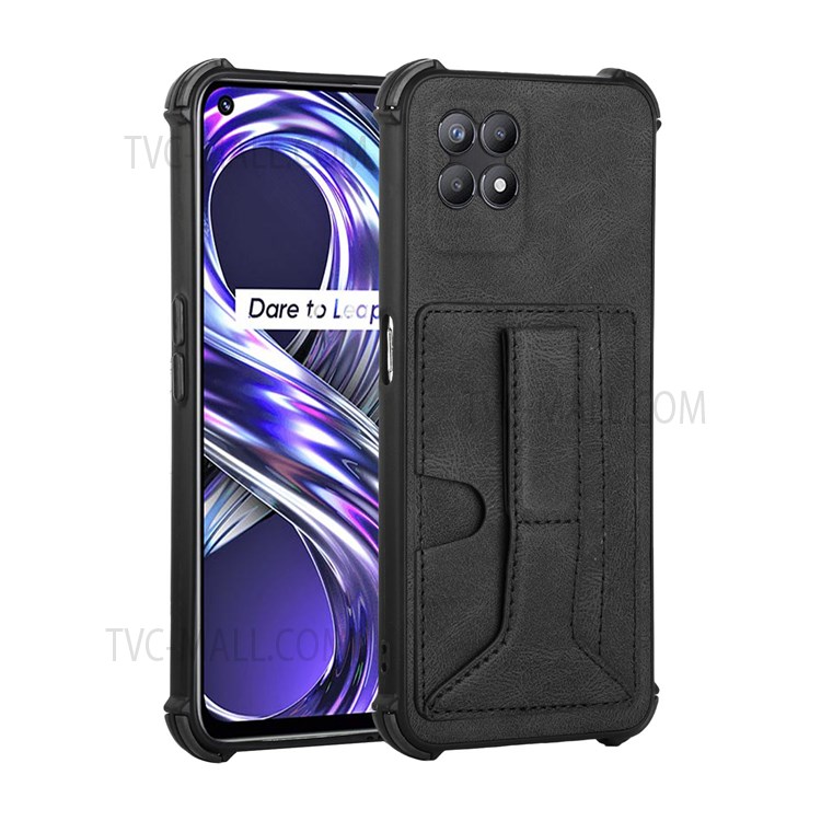 TA1 Series Enhanced Four Corner Card Slot Cover Kickstand PU Leather Coated TPU Phone Case Support Wireless Charging for Realme 8i - Black-1