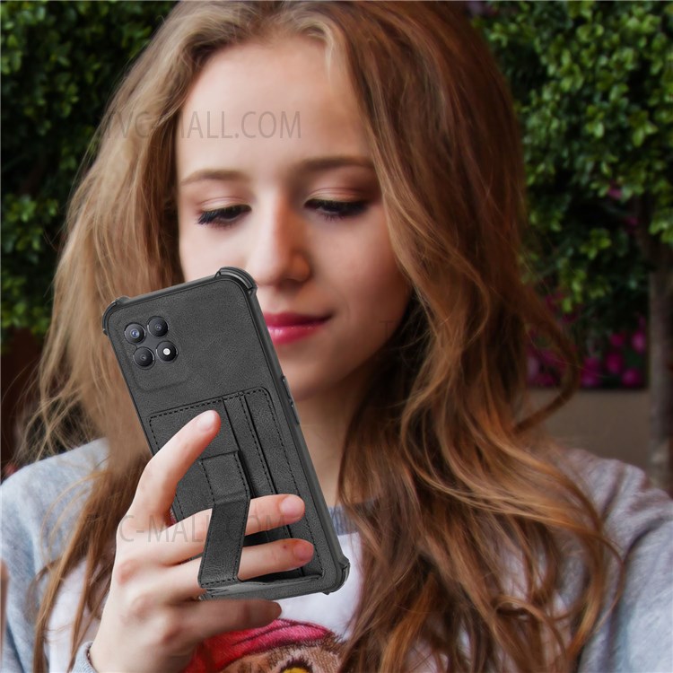 TA1 Series Enhanced Four Corner Card Slot Cover Kickstand PU Leather Coated TPU Phone Case Support Wireless Charging for Realme 8i - Black-5