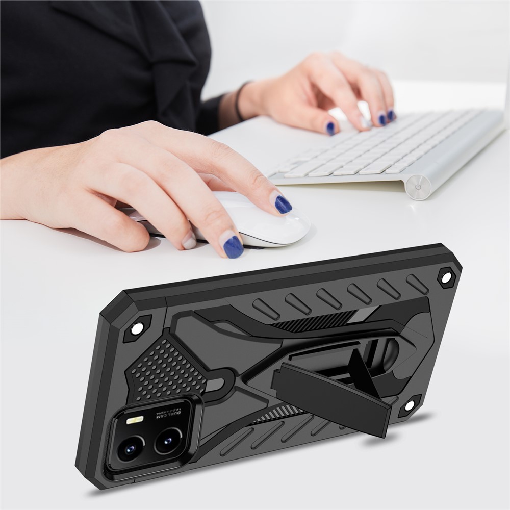 Phantom Knight Series Kickstand Design PU + TPU Anti-drop Hybrid Phone Case Protector for vivo Y15s - Black-4