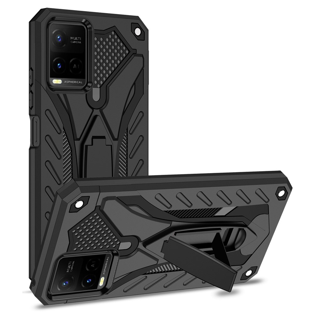 Phantom Knight Series Hard PC + Soft TPU Shockproof Phone Case Shell with Kickstand for vivo Y21 / vivo Y33s - Black-1