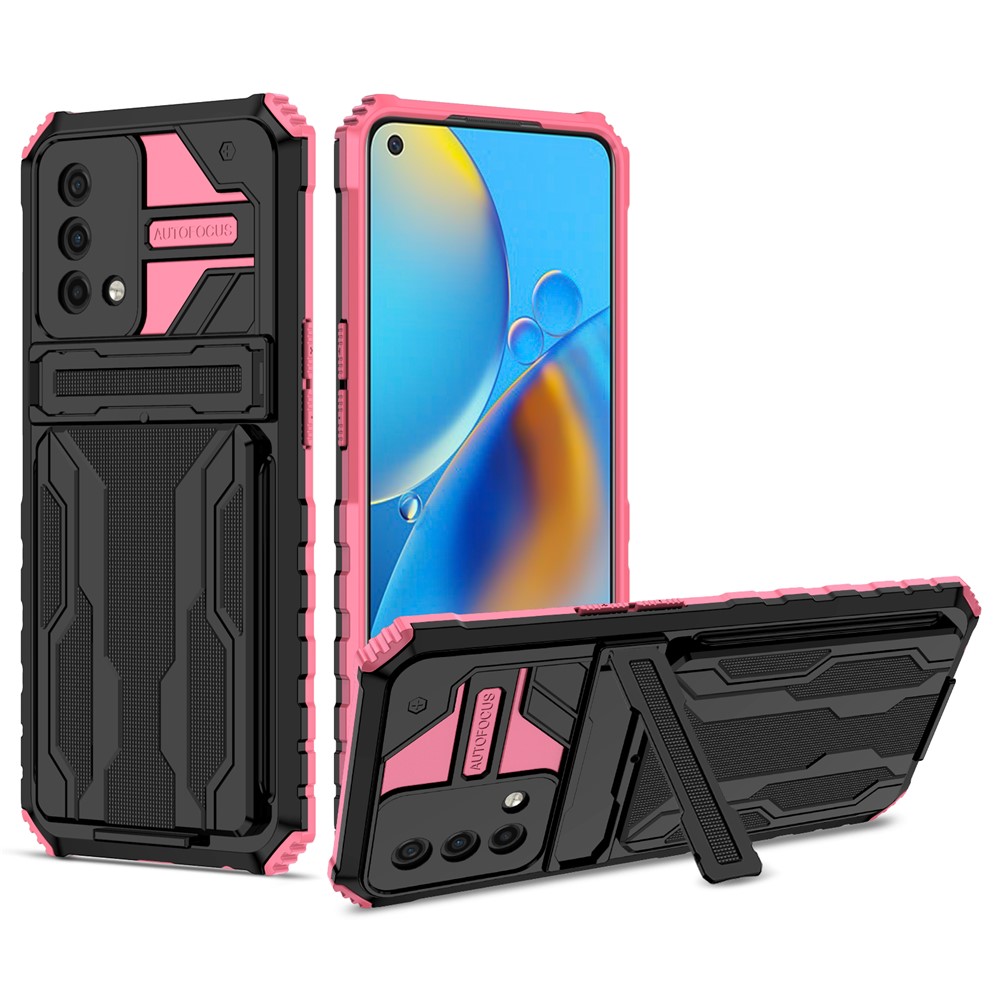 Hard PC and Soft TPU Protective Phone Cover Kickstand Detachable Card Holder Design Phone Case for Oppo F19 / A74 4G - Pink-1
