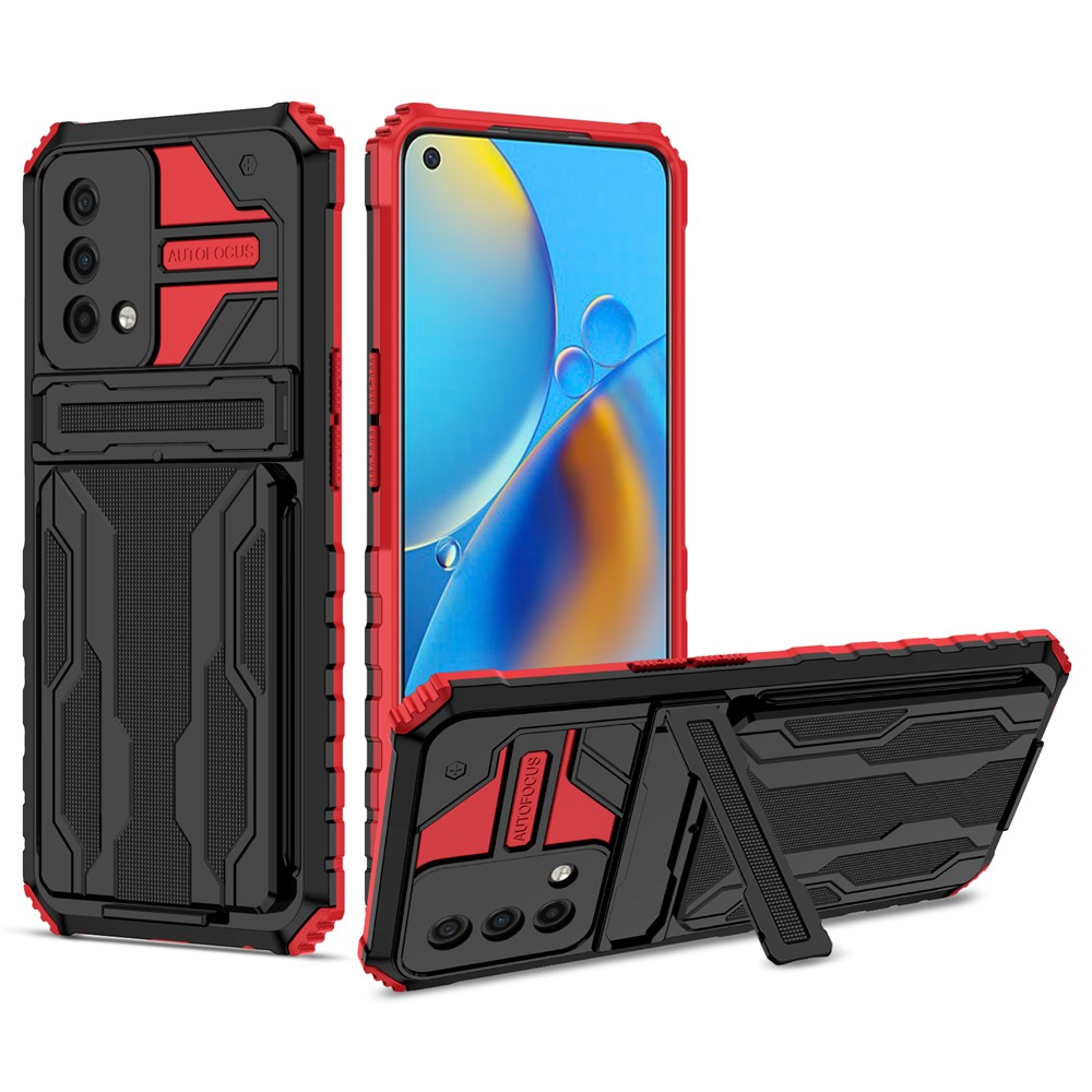 Hard PC and Soft TPU Protective Phone Cover Kickstand Detachable Card Holder Design Phone Case for Oppo F19 / A74 4G - Red-1