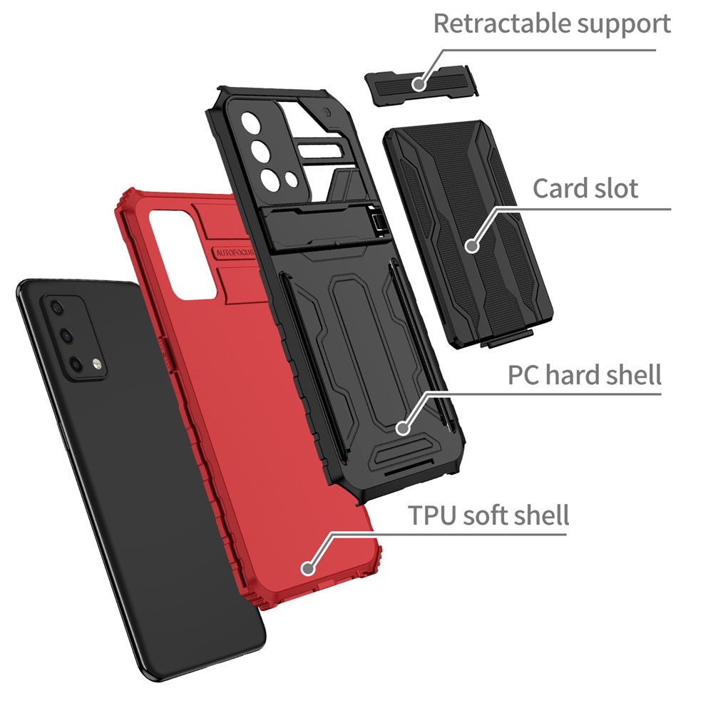 Hard PC and Soft TPU Protective Phone Cover Kickstand Detachable Card Holder Design Phone Case for Oppo F19 / A74 4G - Red-3