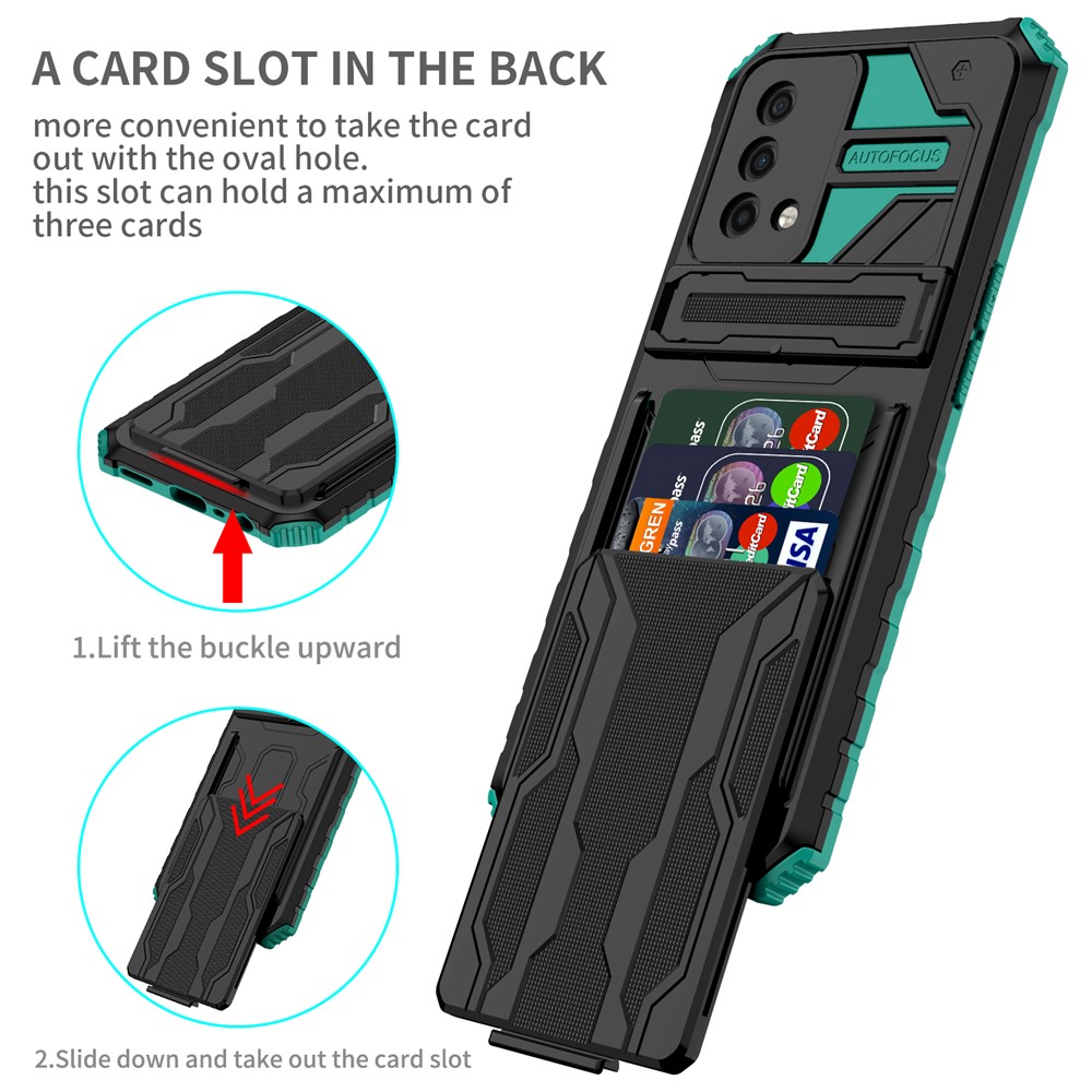 Hard PC and Soft TPU Protective Phone Cover Kickstand Detachable Card Holder Design Phone Case for Oppo F19 / A74 4G - Blackish Green-2