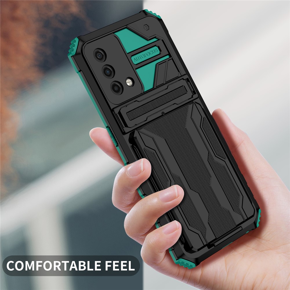 Hard PC and Soft TPU Protective Phone Cover Kickstand Detachable Card Holder Design Phone Case for Oppo F19 / A74 4G - Blackish Green-5