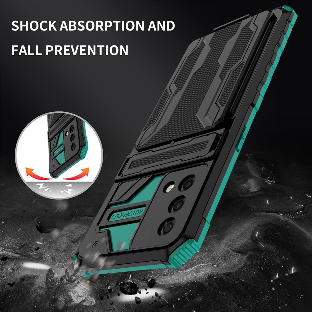 Hard PC and Soft TPU Protective Phone Cover Kickstand Detachable Card Holder Design Phone Case for Oppo F19 / A74 4G - Blackish Green-6