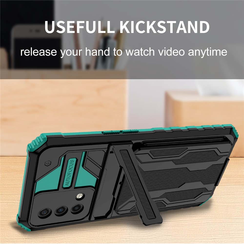 Hard PC and Soft TPU Protective Phone Cover Kickstand Detachable Card Holder Design Phone Case for Oppo F19 / A74 4G - Blackish Green-7