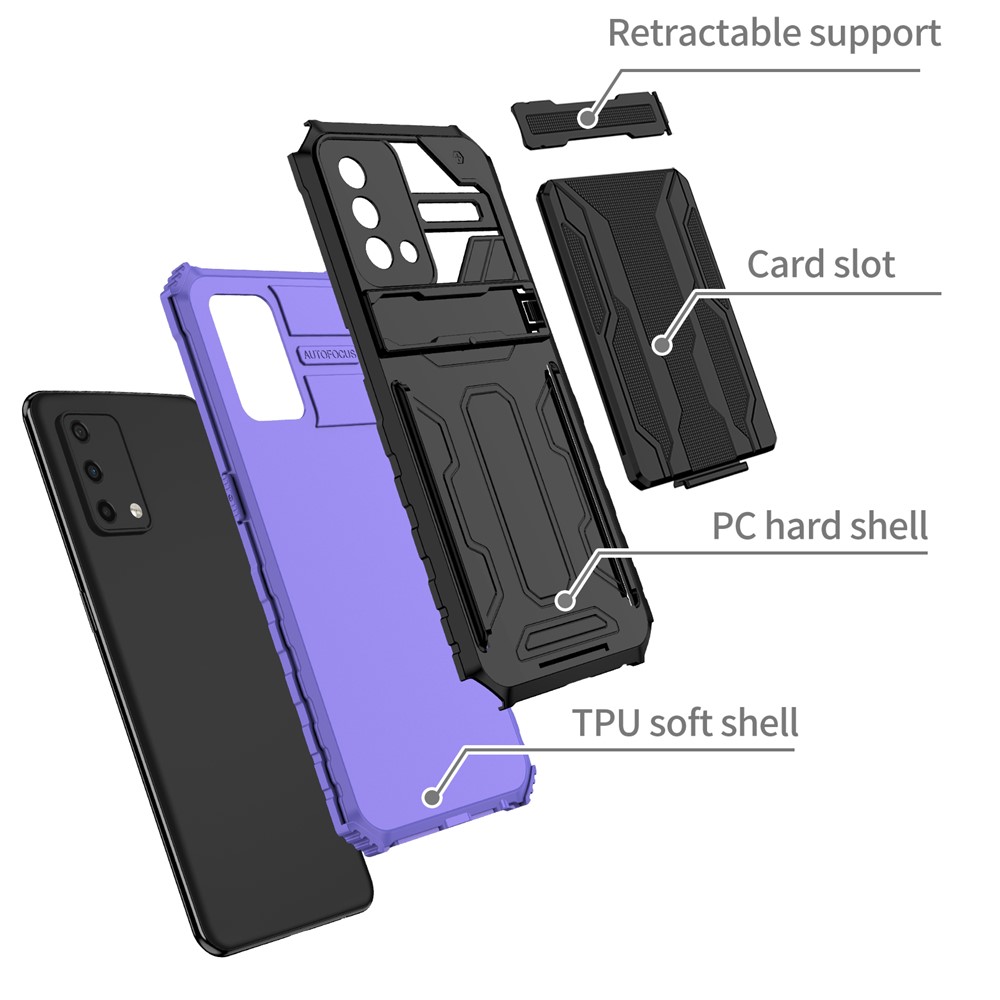 Hard PC and Soft TPU Protective Phone Cover Kickstand Detachable Card Holder Design Phone Case for Oppo F19 / A74 4G - Purple-3