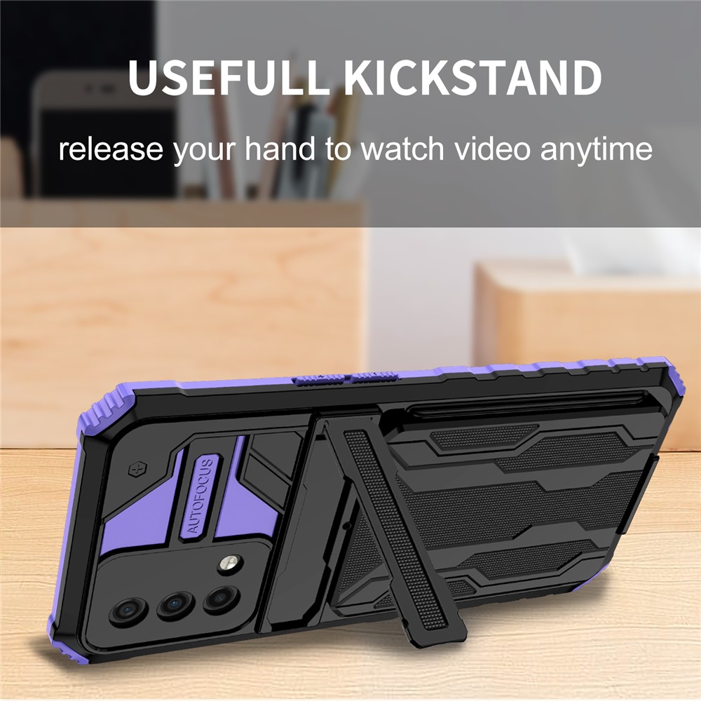Hard PC and Soft TPU Protective Phone Cover Kickstand Detachable Card Holder Design Phone Case for Oppo F19 / A74 4G - Purple-7