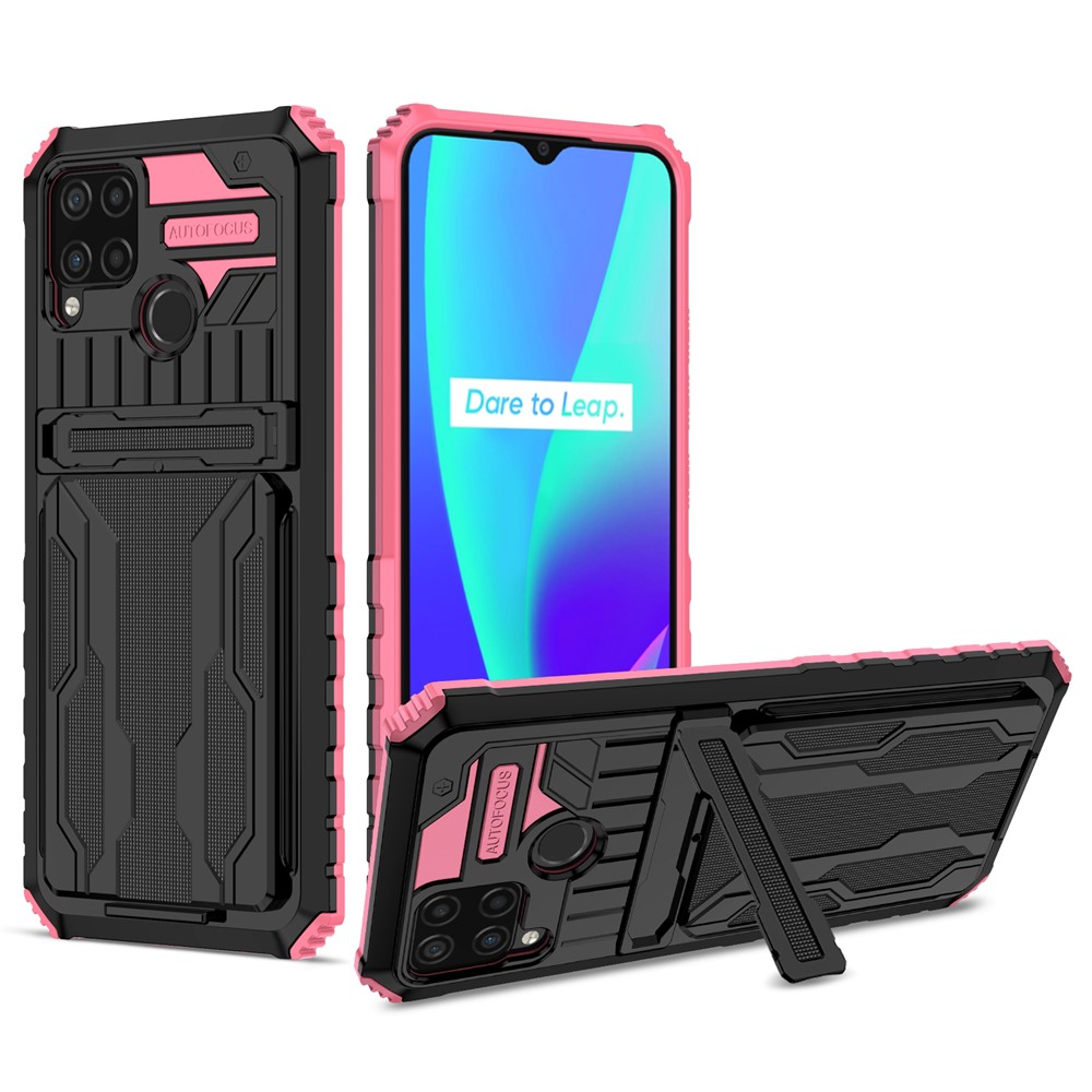 Detachable Card Holder Hard PC and Soft TPU Protective Phone Cover Kickstand Phone Case for Realme C15 / Realme C25 / Realme C12 - Pink-1