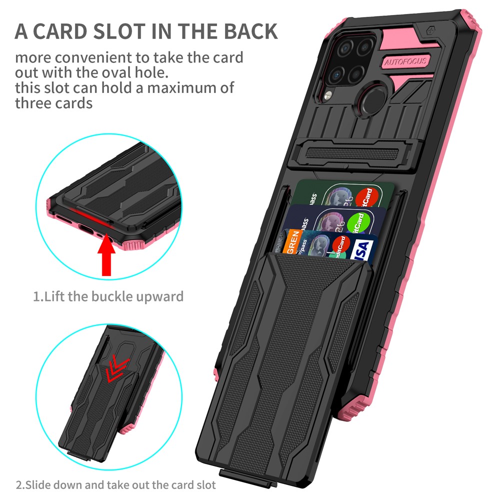 Detachable Card Holder Hard PC and Soft TPU Protective Phone Cover Kickstand Phone Case for Realme C15 / Realme C25 / Realme C12 - Pink-2