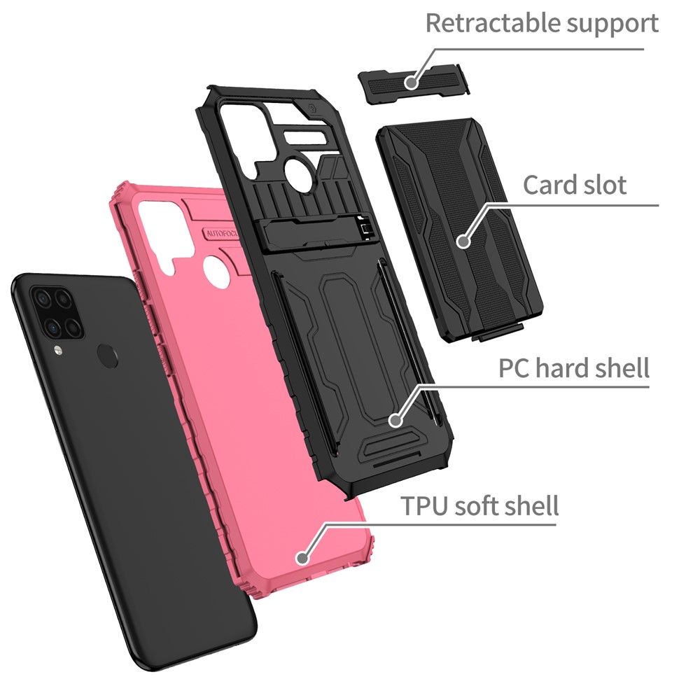 Detachable Card Holder Hard PC and Soft TPU Protective Phone Cover Kickstand Phone Case for Realme C15 / Realme C25 / Realme C12 - Pink-3