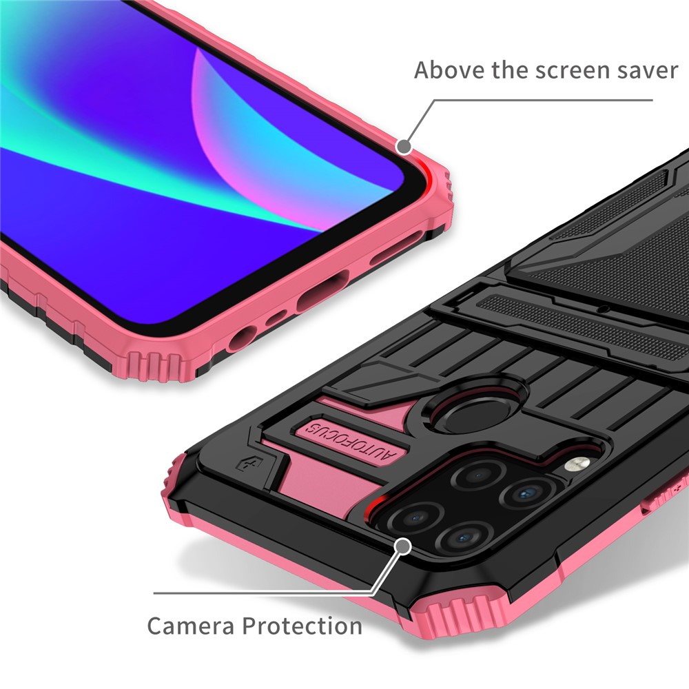 Detachable Card Holder Hard PC and Soft TPU Protective Phone Cover Kickstand Phone Case for Realme C15 / Realme C25 / Realme C12 - Pink-4