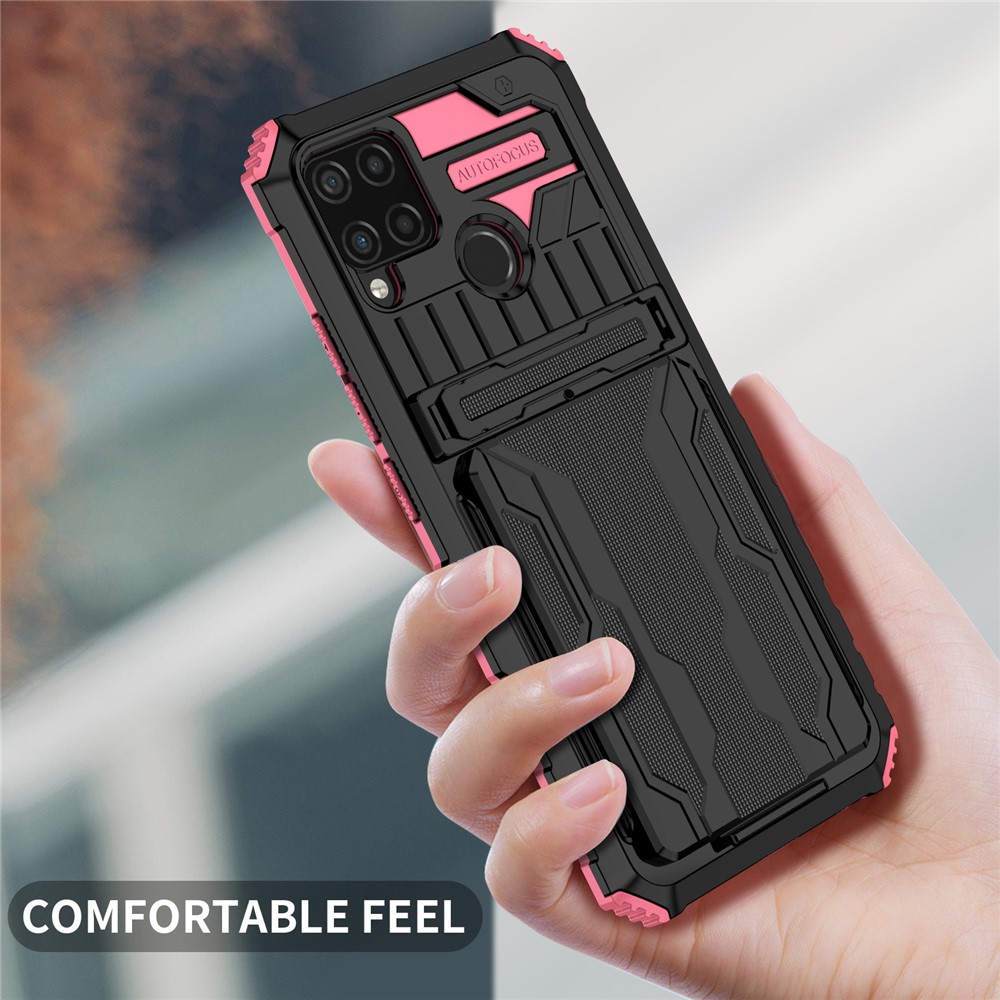 Detachable Card Holder Hard PC and Soft TPU Protective Phone Cover Kickstand Phone Case for Realme C15 / Realme C25 / Realme C12 - Pink-5