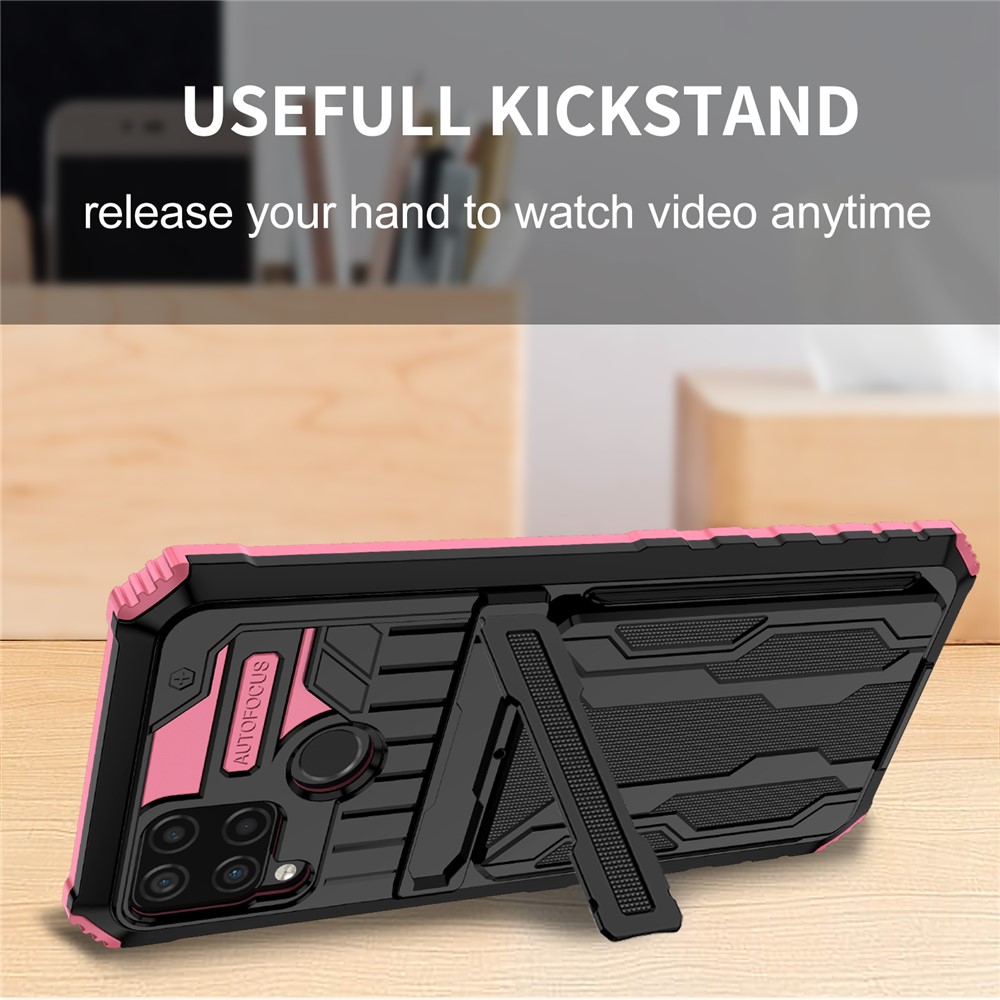 Detachable Card Holder Hard PC and Soft TPU Protective Phone Cover Kickstand Phone Case for Realme C15 / Realme C25 / Realme C12 - Pink-7