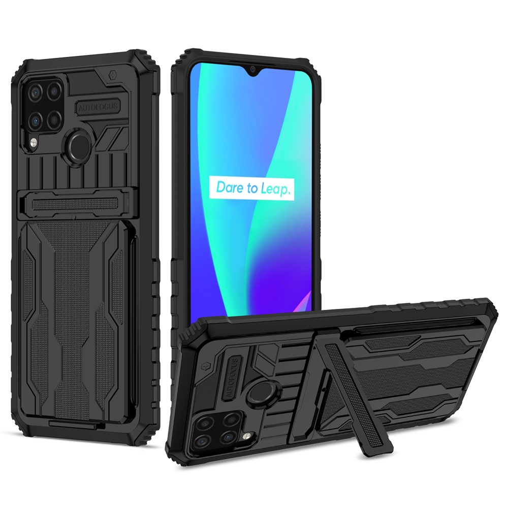 Detachable Card Holder Hard PC and Soft TPU Protective Phone Cover Kickstand Phone Case for Realme C15 / Realme C25 / Realme C12 - Black-1