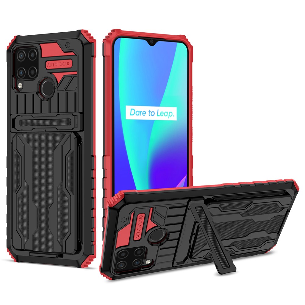 Detachable Card Holder Hard PC and Soft TPU Protective Phone Cover Kickstand Phone Case for Realme C15 / Realme C25 / Realme C12 - Red-1