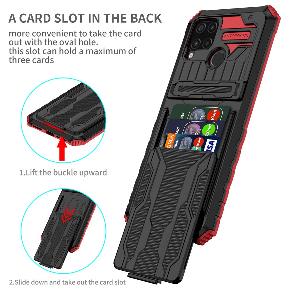 Detachable Card Holder Hard PC and Soft TPU Protective Phone Cover Kickstand Phone Case for Realme C15 / Realme C25 / Realme C12 - Red-2