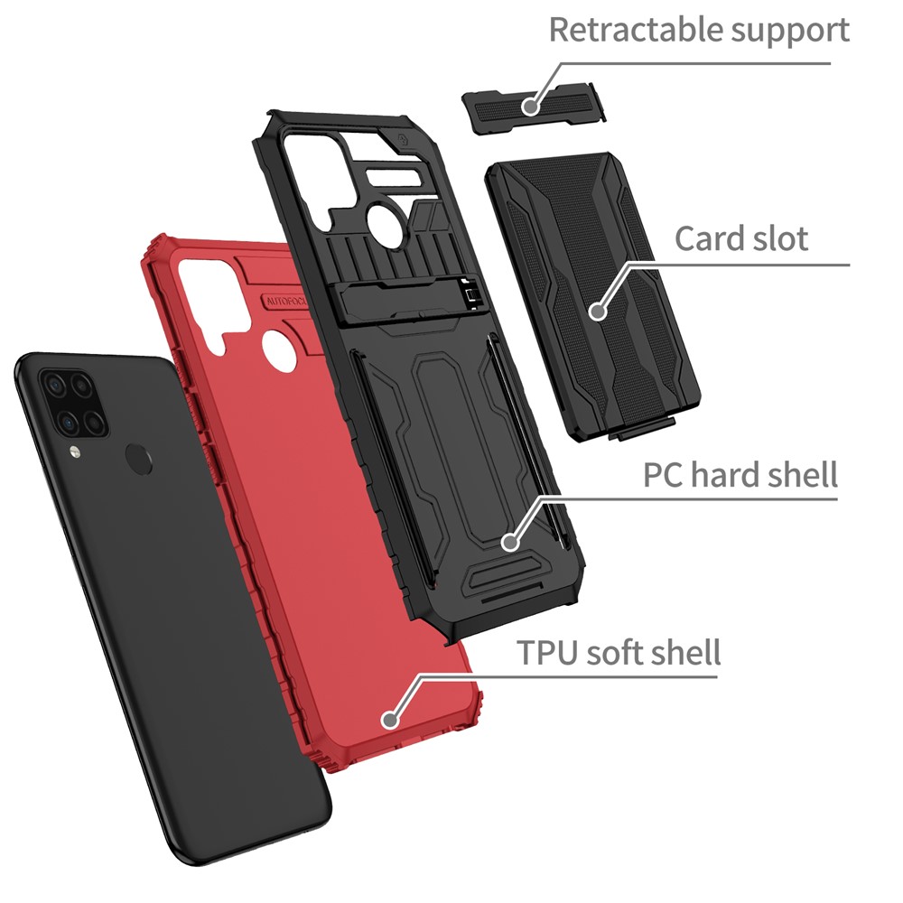 Detachable Card Holder Hard PC and Soft TPU Protective Phone Cover Kickstand Phone Case for Realme C15 / Realme C25 / Realme C12 - Red-3