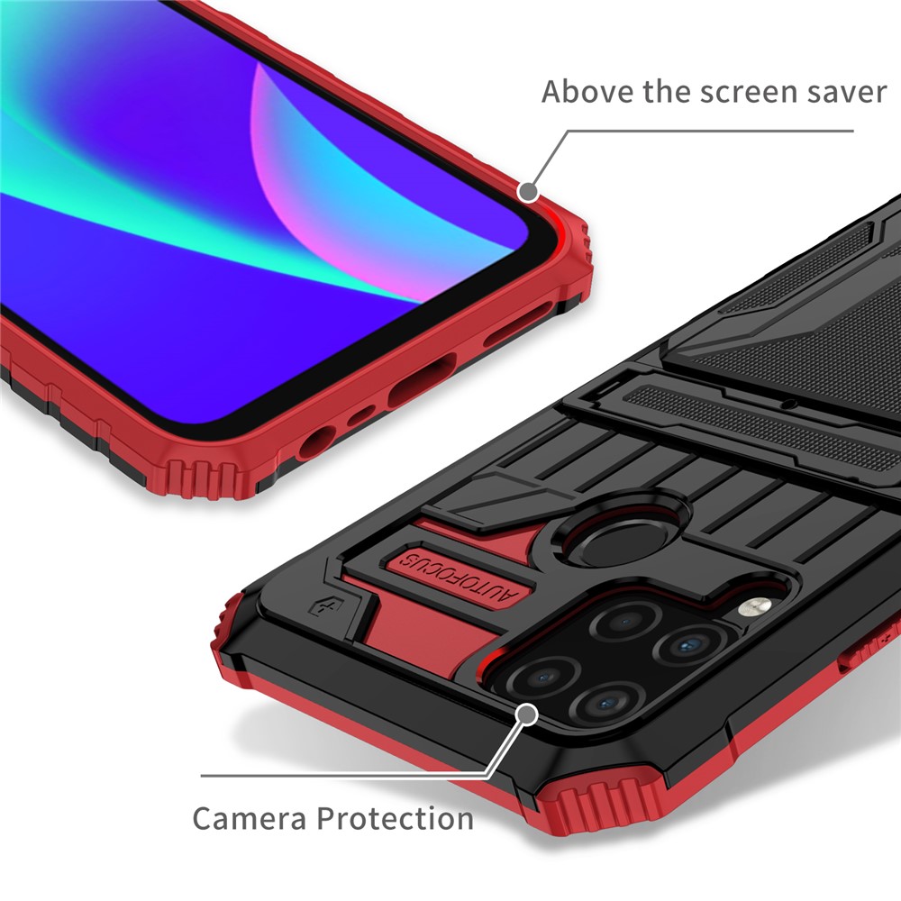 Detachable Card Holder Hard PC and Soft TPU Protective Phone Cover Kickstand Phone Case for Realme C15 / Realme C25 / Realme C12 - Red-4