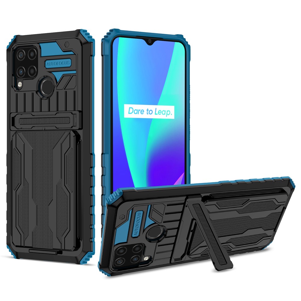Detachable Card Holder Hard PC and Soft TPU Protective Phone Cover Kickstand Phone Case for Realme C15 / Realme C25 / Realme C12 - Blue-1