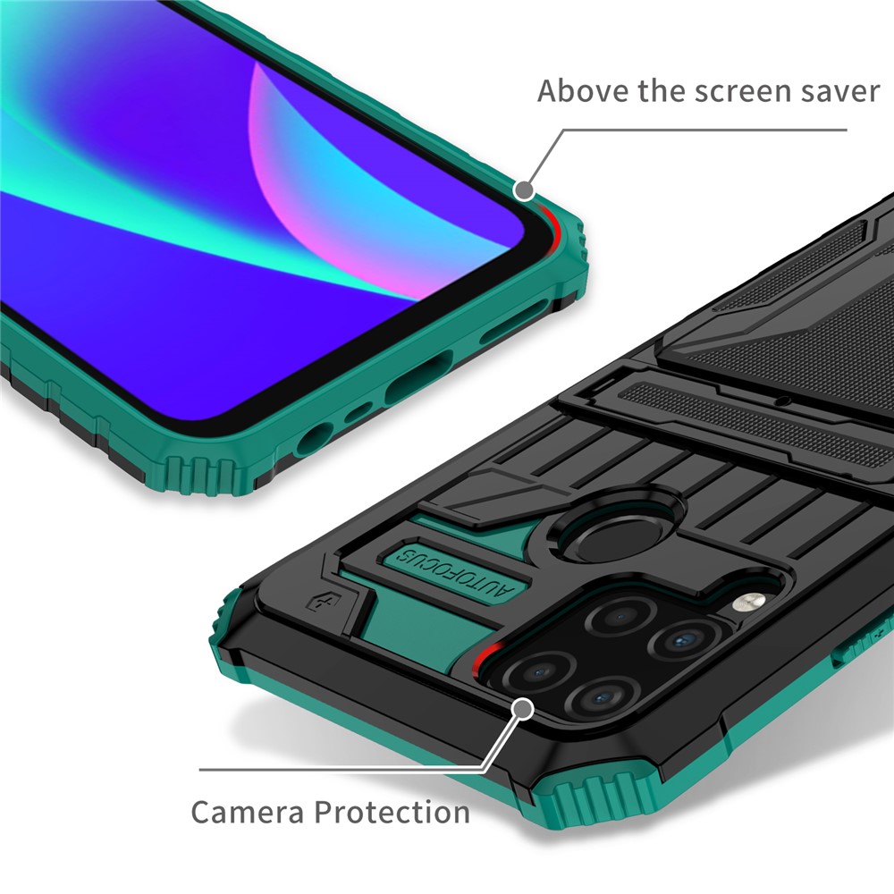 Detachable Card Holder Hard PC and Soft TPU Protective Phone Cover Kickstand Phone Case for Realme C15 / Realme C25 / Realme C12 - Blackish Green-4