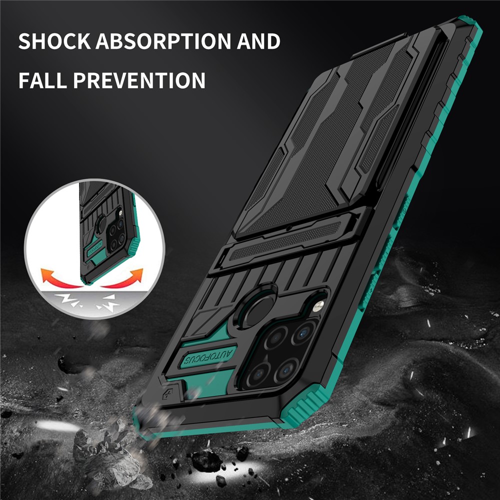 Detachable Card Holder Hard PC and Soft TPU Protective Phone Cover Kickstand Phone Case for Realme C15 / Realme C25 / Realme C12 - Blackish Green-6
