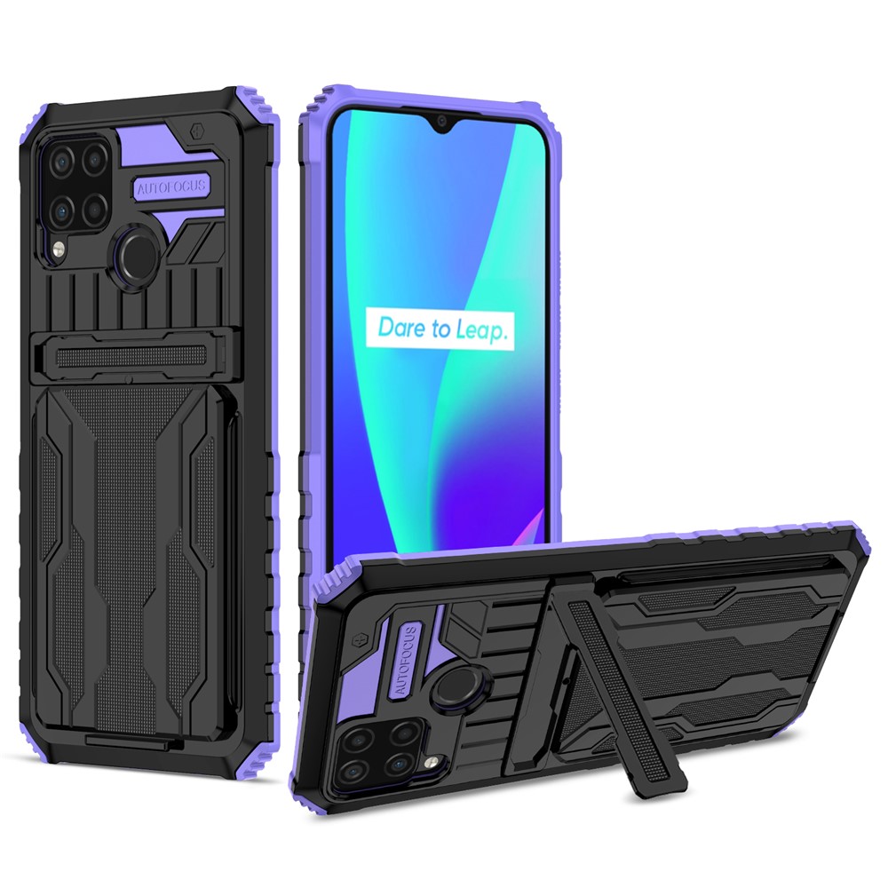 Detachable Card Holder Hard PC and Soft TPU Protective Phone Cover Kickstand Phone Case for Realme C15 / Realme C25 / Realme C12 - Purple-1