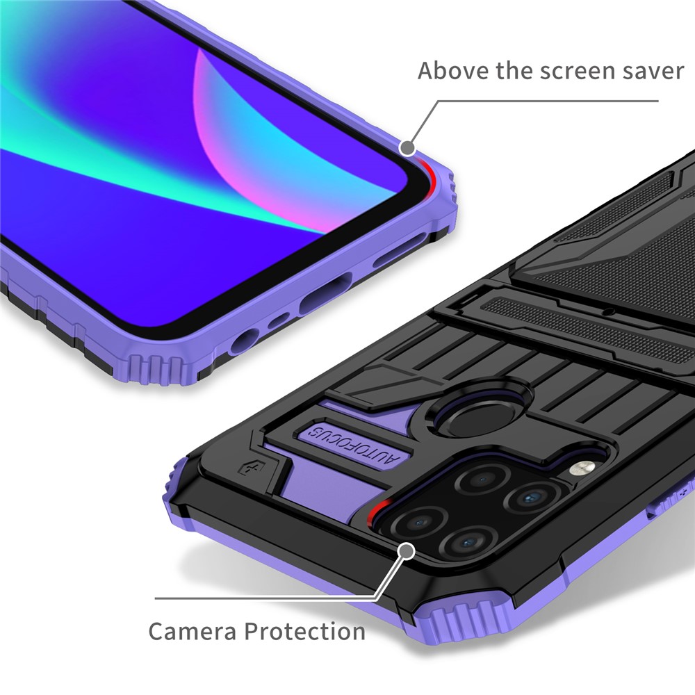 Detachable Card Holder Hard PC and Soft TPU Protective Phone Cover Kickstand Phone Case for Realme C15 / Realme C25 / Realme C12 - Purple-4