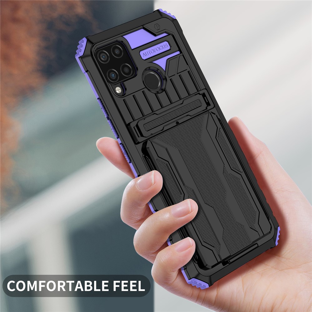 Detachable Card Holder Hard PC and Soft TPU Protective Phone Cover Kickstand Phone Case for Realme C15 / Realme C25 / Realme C12 - Purple-5