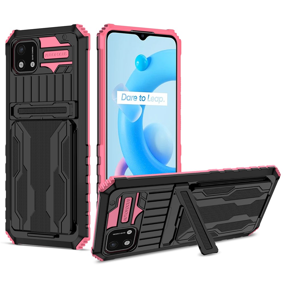 Phone Cover Kickstand PC and Soft TPU Protective Detachable Card Holder Design Phone Case for Realme C20 / Realme C11 (2021) - Pink-1