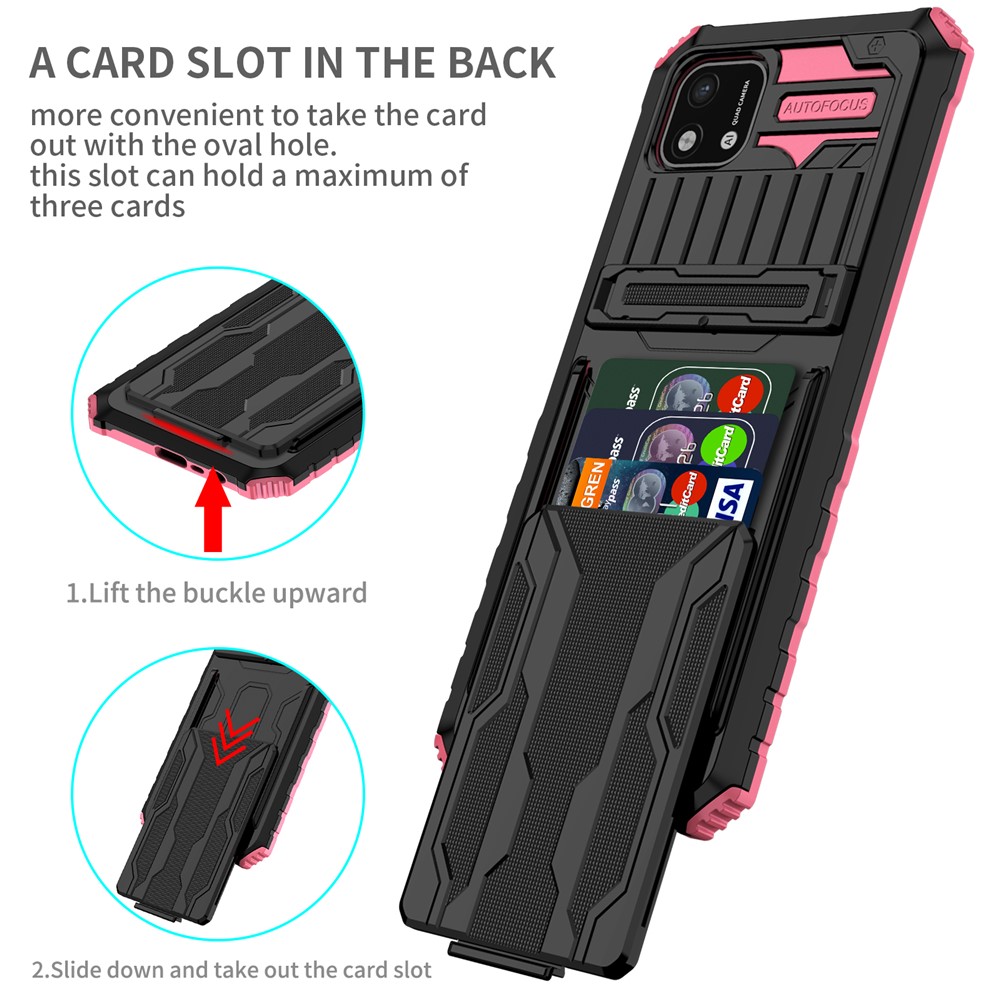 Phone Cover Kickstand PC and Soft TPU Protective Detachable Card Holder Design Phone Case for Realme C20 / Realme C11 (2021) - Pink-2