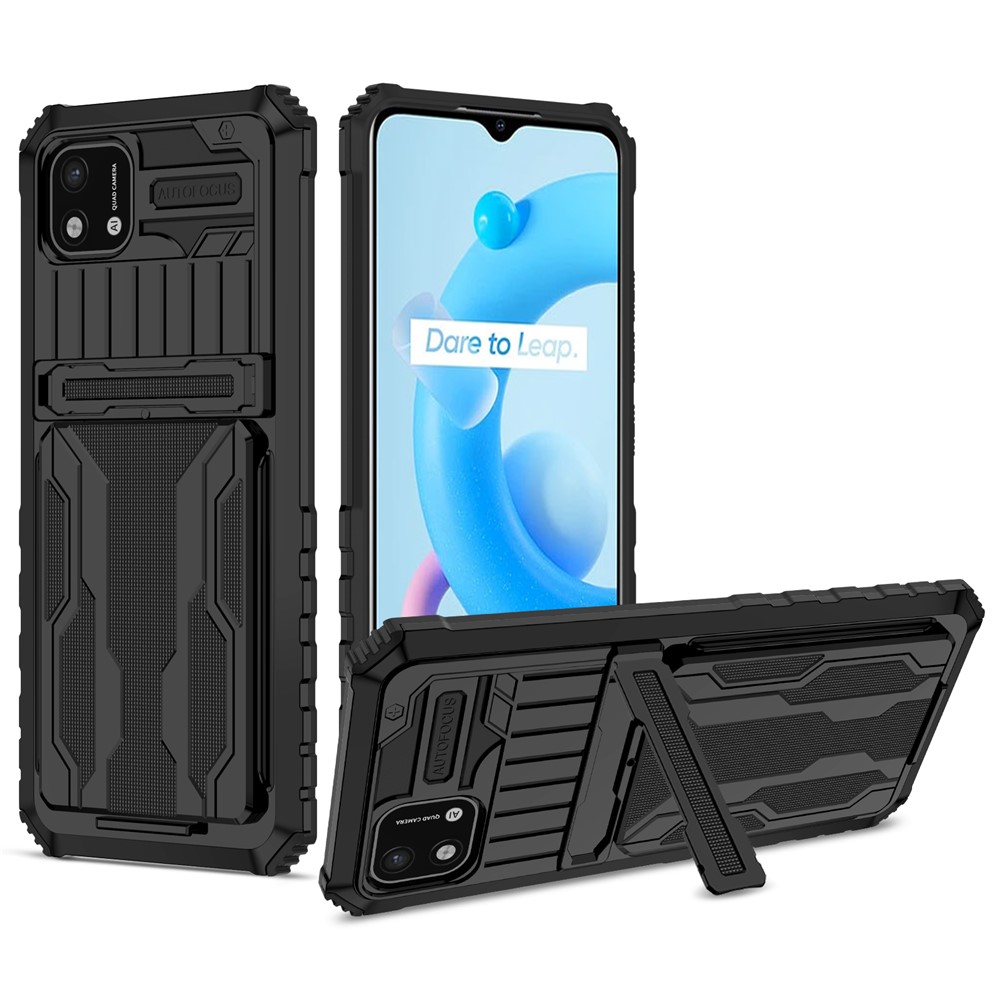Phone Cover Kickstand PC and Soft TPU Protective Detachable Card Holder Design Phone Case for Realme C20 / Realme C11 (2021) - Black-1