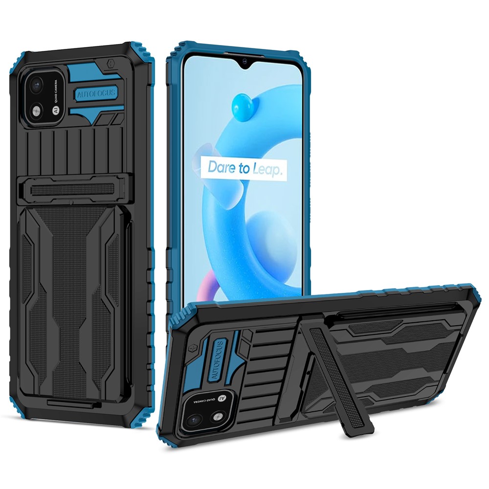 Phone Cover Kickstand PC and Soft TPU Protective Detachable Card Holder Design Phone Case for Realme C20 / Realme C11 (2021) - Blue-1