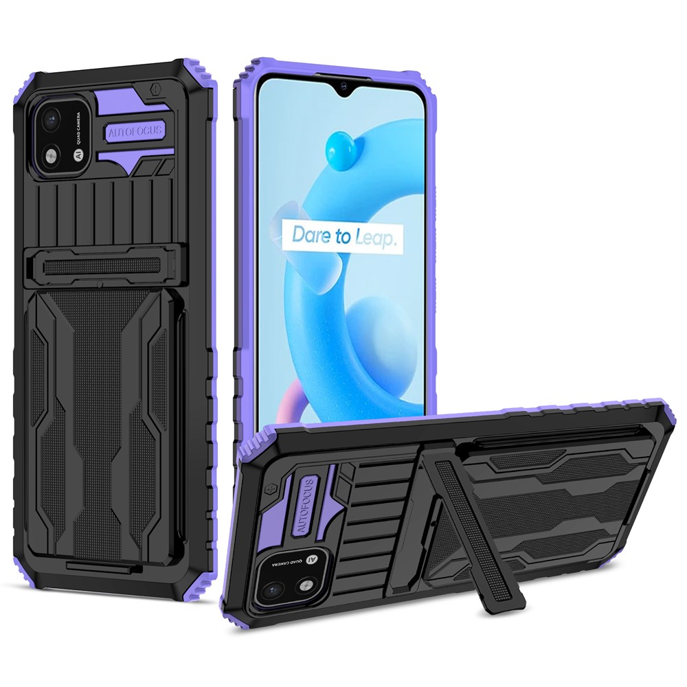 Phone Cover Kickstand PC and Soft TPU Protective Detachable Card Holder Design Phone Case for Realme C20 / Realme C11 (2021) - Purple-1