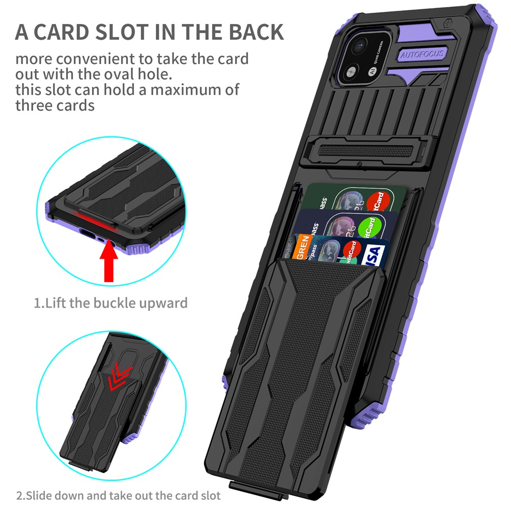 Phone Cover Kickstand PC and Soft TPU Protective Detachable Card Holder Design Phone Case for Realme C20 / Realme C11 (2021) - Purple-2