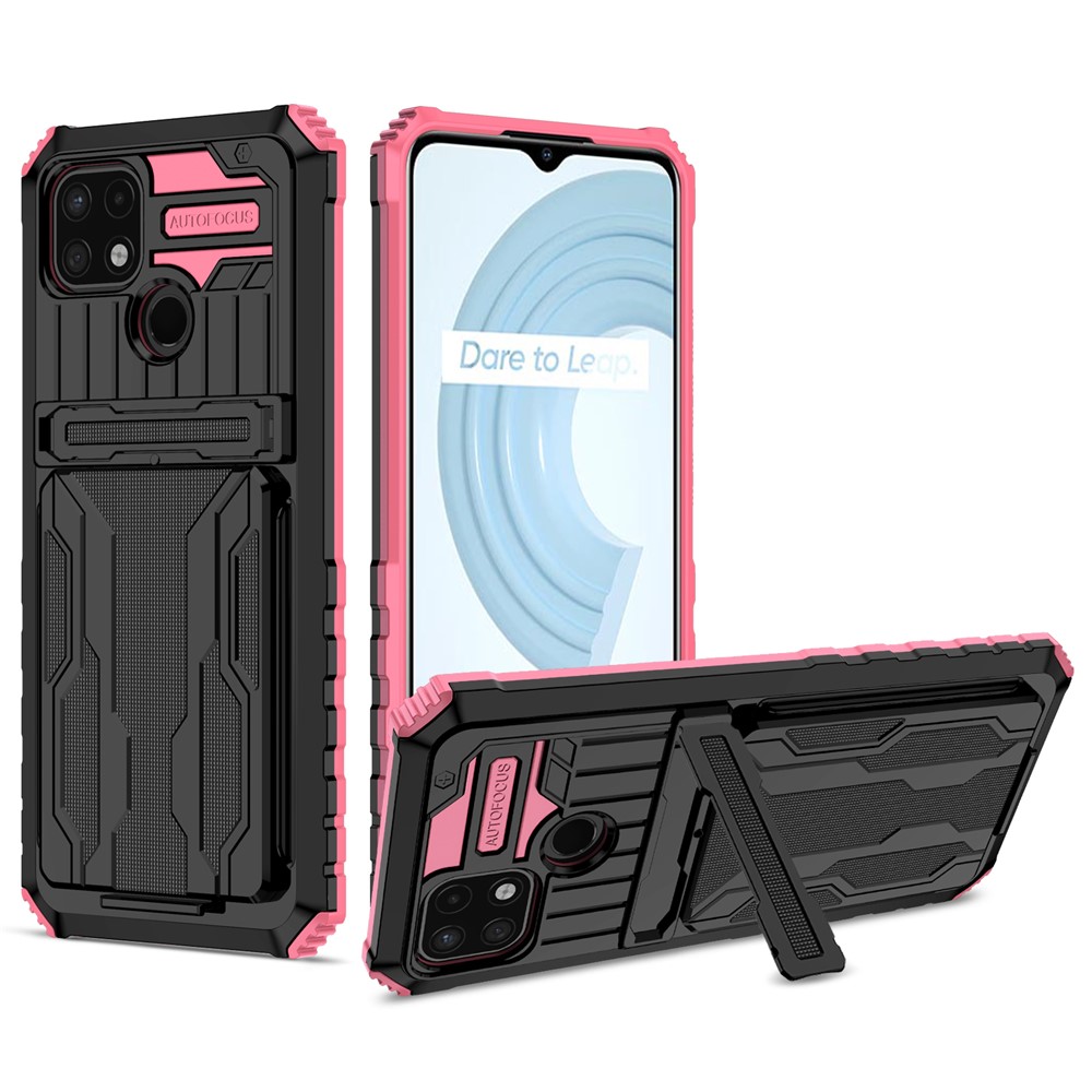 Mobile Phone Case Hard PC and Soft TPU Protective Phone Cover with Kickstand Detachable Card Holder for Realme C21Y / Realme C21 - Pink-1