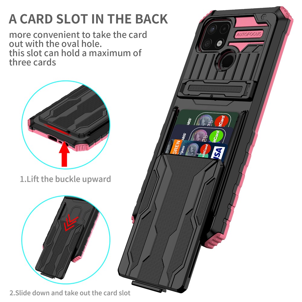 Mobile Phone Case Hard PC and Soft TPU Protective Phone Cover with Kickstand Detachable Card Holder for Realme C21Y / Realme C21 - Pink-2