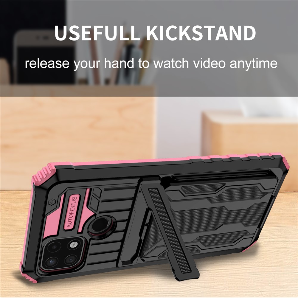 Mobile Phone Case Hard PC and Soft TPU Protective Phone Cover with Kickstand Detachable Card Holder for Realme C21Y / Realme C21 - Pink-7