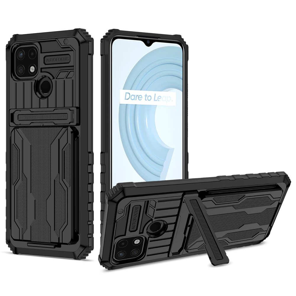 Mobile Phone Case Hard PC and Soft TPU Protective Phone Cover with Kickstand Detachable Card Holder for Realme C21Y / Realme C21 - Black-1