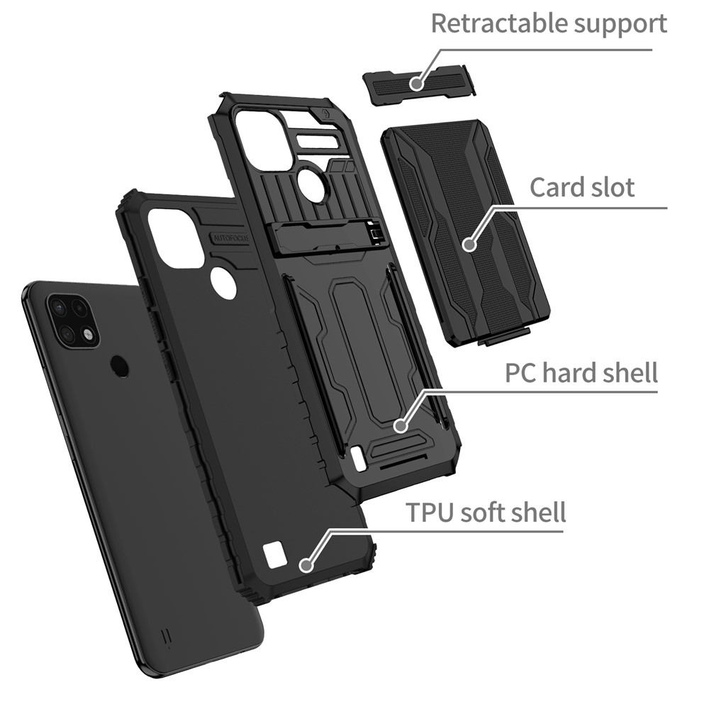 Mobile Phone Case Hard PC and Soft TPU Protective Phone Cover with Kickstand Detachable Card Holder for Realme C21Y / Realme C21 - Black-3