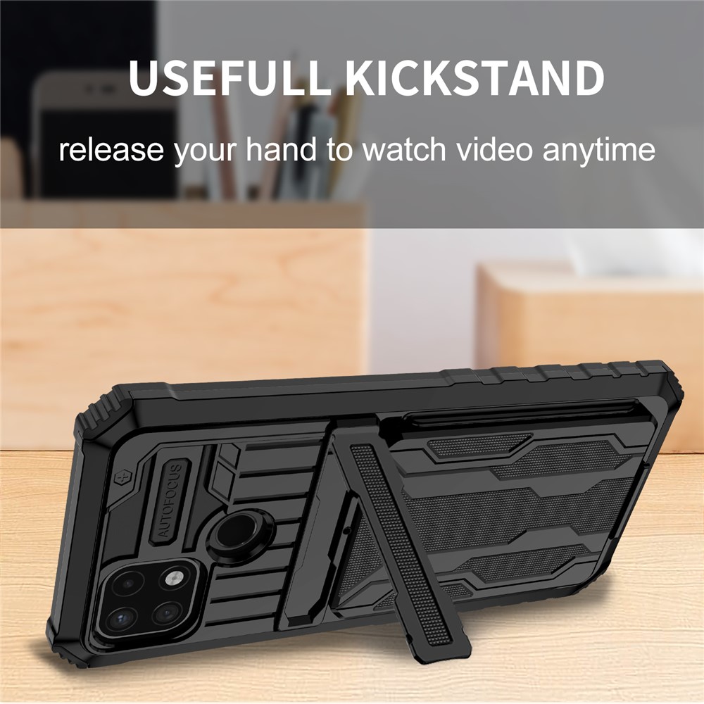 Mobile Phone Case Hard PC and Soft TPU Protective Phone Cover with Kickstand Detachable Card Holder for Realme C21Y / Realme C21 - Black-7