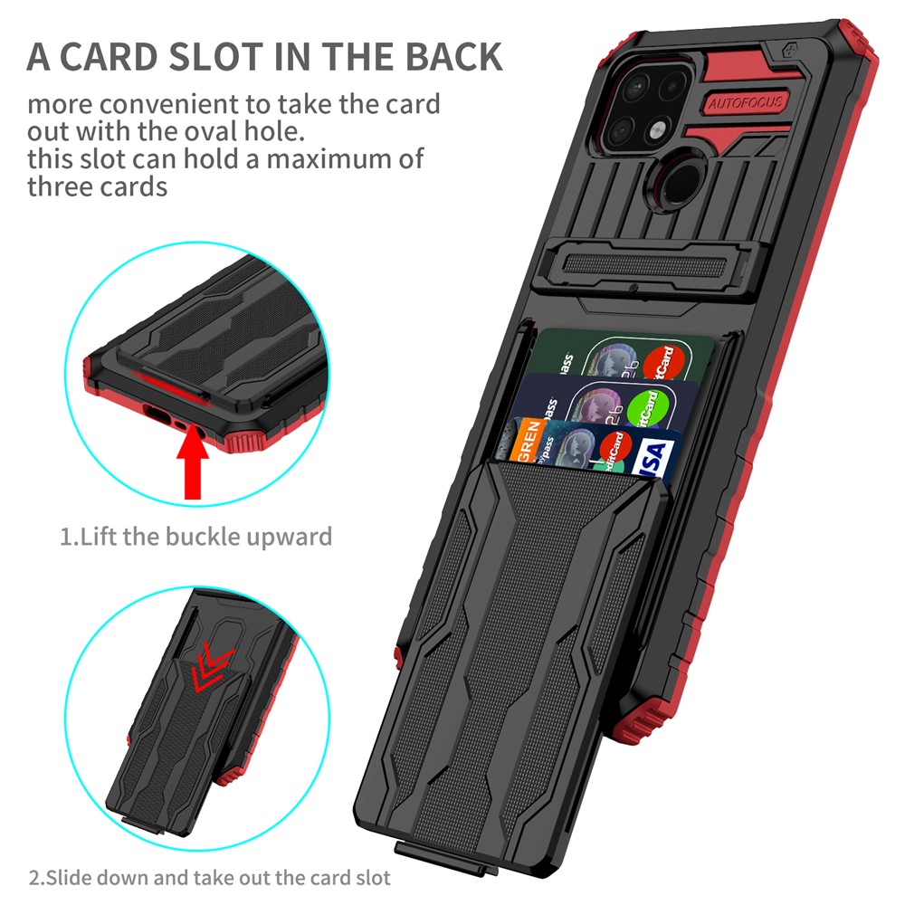 Mobile Phone Case Hard PC and Soft TPU Protective Phone Cover with Kickstand Detachable Card Holder for Realme C21Y / Realme C21 - Red-2