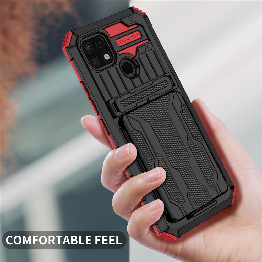 Mobile Phone Case Hard PC and Soft TPU Protective Phone Cover with Kickstand Detachable Card Holder for Realme C21Y / Realme C21 - Red-5