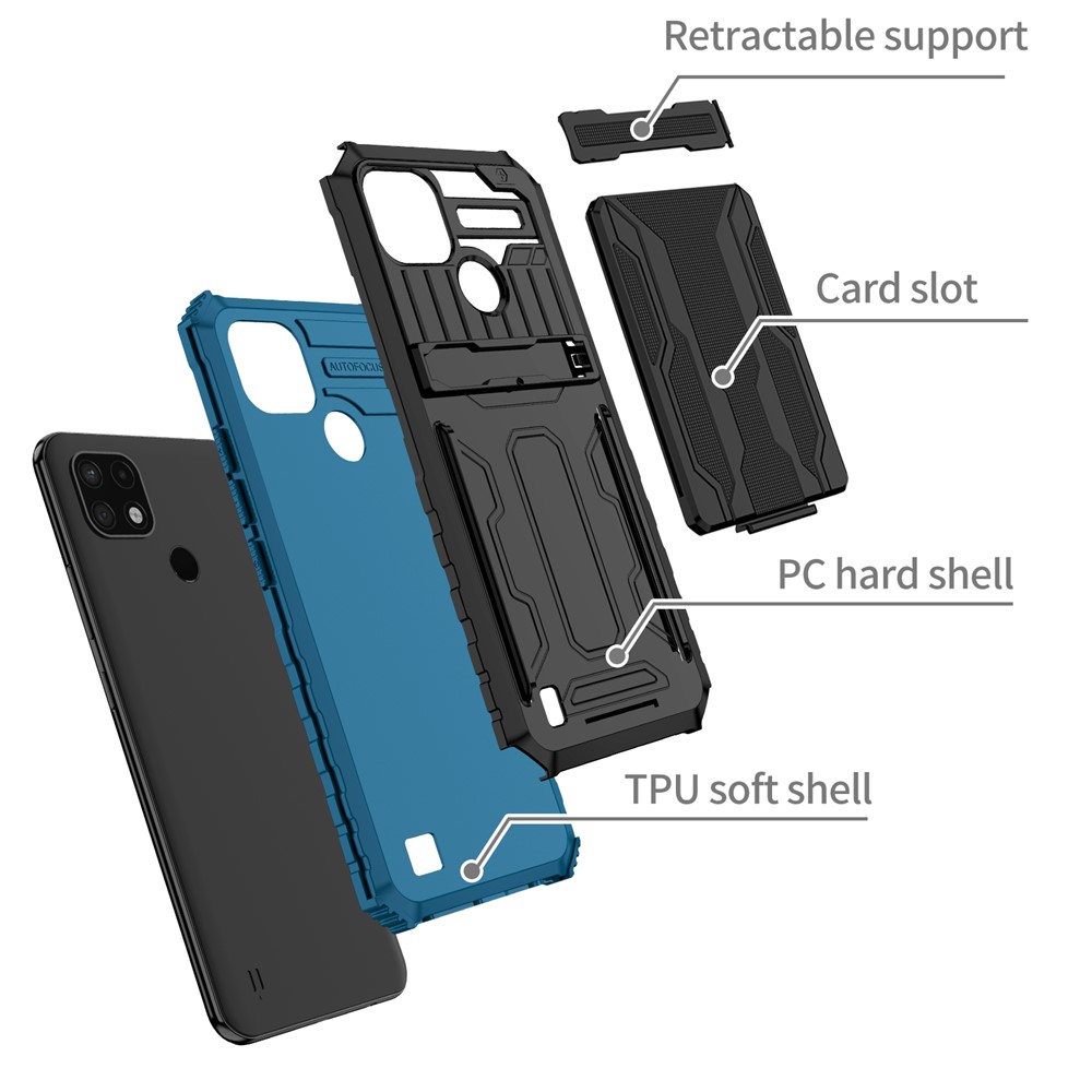 Mobile Phone Case Hard PC and Soft TPU Protective Phone Cover with Kickstand Detachable Card Holder for Realme C21Y / Realme C21 - Blue-3